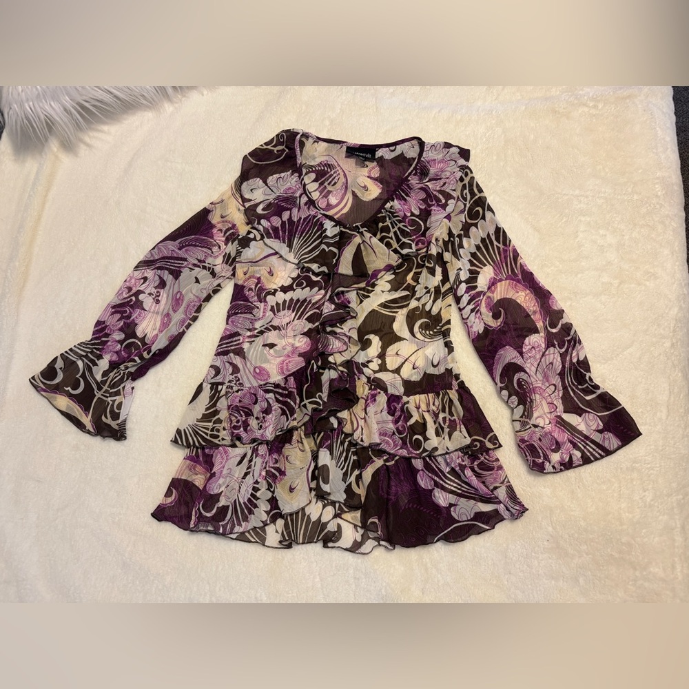 Metrostyle Sz 4 Floral Ruffle Blouse in Purple and Brown